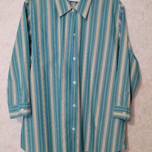 Blue Pin Striped Teal Color Khaki Button Blouse Size 14 Liz Claiborne